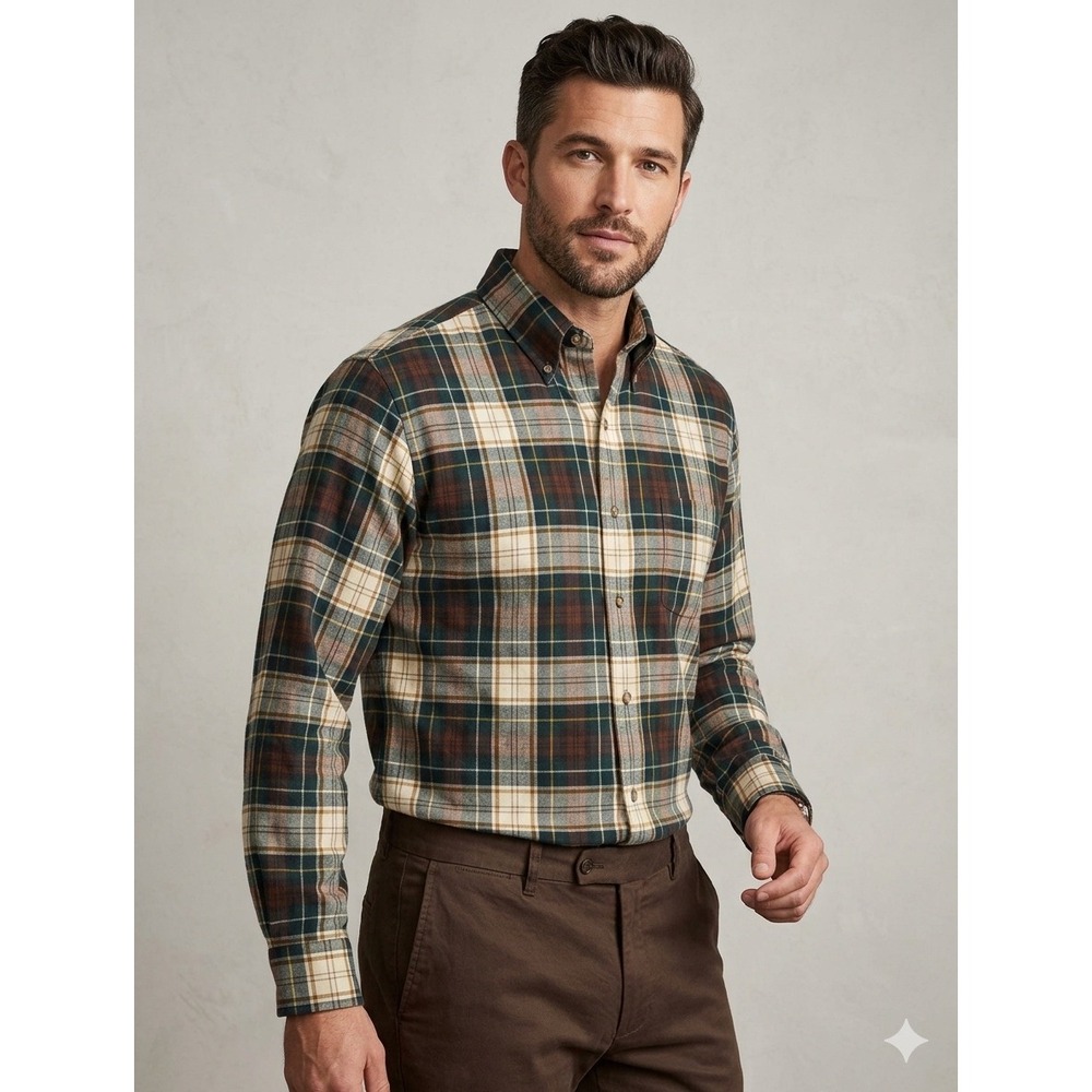 Brooks Brothers Mens 16.5 Plaid Cotton Wool Button Down Shirt Made in USA Brown
